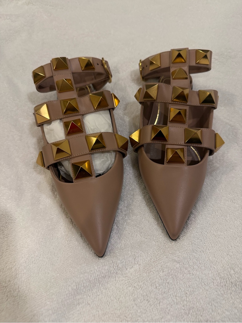 Valentino Garavani Nude Leather Pointed Mules with Gold Pyramid Studs